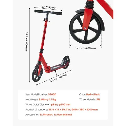VEVOR Scooter (2 Räder) für Kinder ab 8 Jahren, Cityroller Kinderroller Straßenroller mit höhenverstellbarem Lenker & rutschfestem Deck, faltbarer Tretroller bis zu 100 kg, Schwarz + Rot – Bild 6