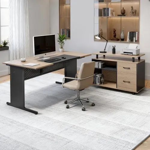 VEVOR L-förmiger Chefschreibtisch moderner Bürotisch mit Schubladen & Lagerschrank, umkehrbarer Schreibtisch aus Eisen + Holz, 158,7 kg Tragkraft, Computertisch für Arbeit Studium Schreiben – Bild 7