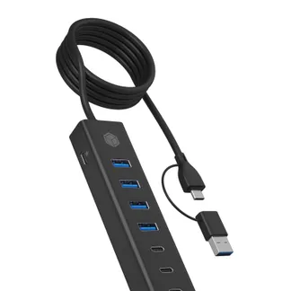 ICY BOX IB-HUB1737-C3, 7-Port USB 3.2 Gen 1 Hub, 3x USB Type-C®, 4x USB Type-A, Combo Hostanschluss, integriertes Kabel, Aluminium, black ICY BOX IB-HUB1737-C3, 7-Port USB 3.2 Gen 1 Hub, 3x USB Type-C®, 4x USB Type-A, Combo Hostanschluss, integriertes Kabel, Aluminium, black