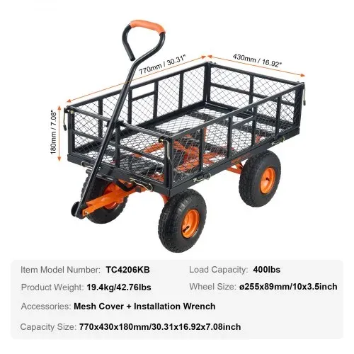 VEVOR Gartenwagen, Gartenkarre aus Metall mit einfach zu montierendem Rahmen, Kippbarer Bollerwagen mit umwandelbarem 2-in-1-Griff, Mehrzweckschubkarre mit 180 kg Tragfähigkeit, 25,4 cm Reifen – Bild 6