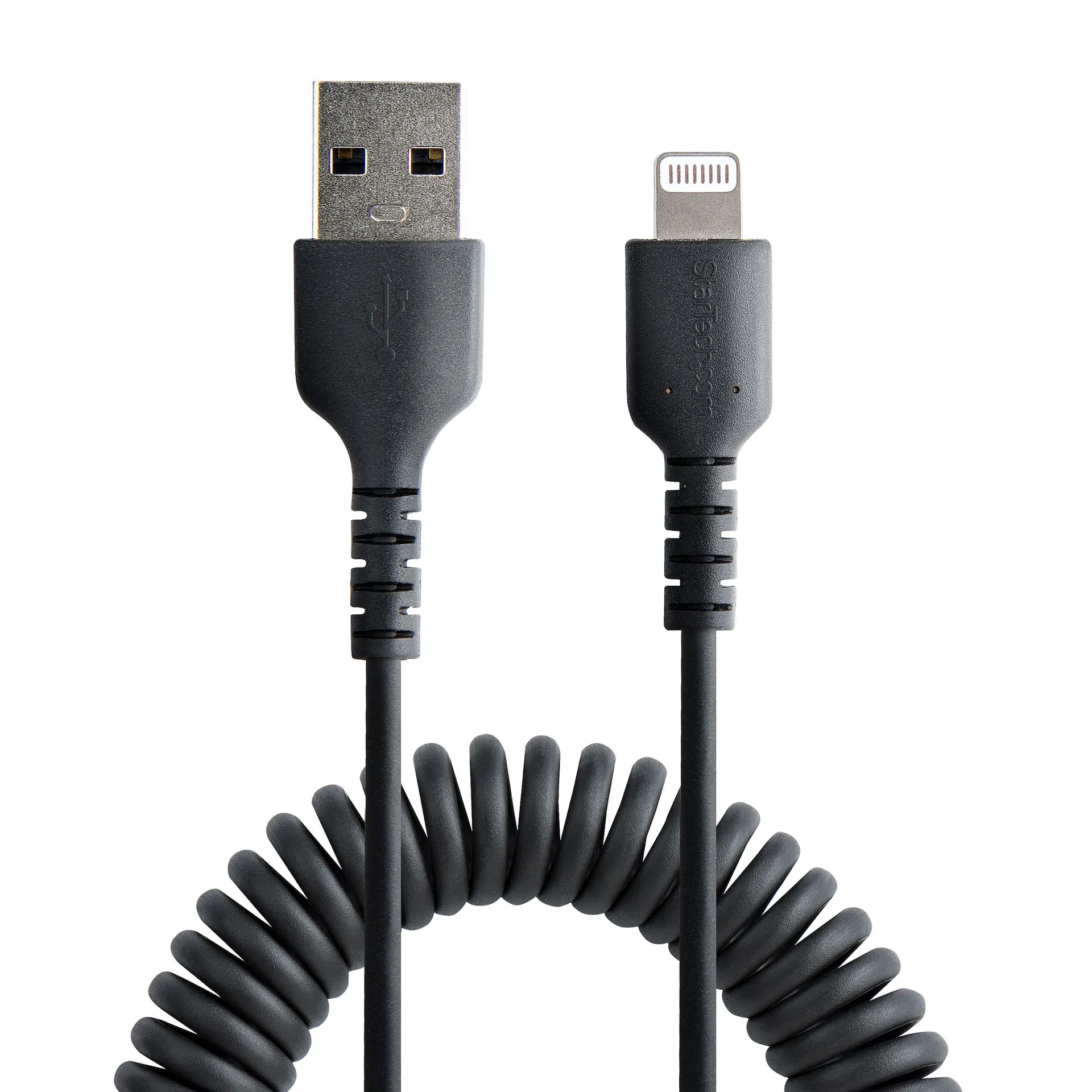 StarTech.com 1m USB auf Lightning Kabel, Spiralkabel, MFi zertifiziert, Schnellladekabel für iPhone/iPad, Schwarz, robuster TPE Mantel mit Aramidfaser, USB 2.0 Kabel, Laden und Synchronisieren – Bild 3