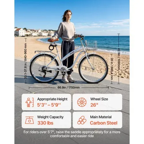 VEVOR Damenfahrrad 26 Zoll Cruiser-Fahrrad 150 kg 7-Gang Citybike Weiß, für Pendelfahrten Besorgungen und Strandfahrten, mit Doppelten V-Bremsen, 50 kg Gepäckträger, Schutzblechen und Werkzeugsatz – Bild 2