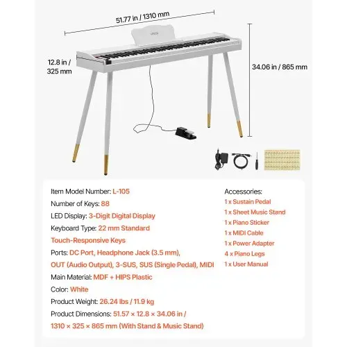 VEVOR Digitalpiano 88 Halbgewichtete Tasten in Standardgröße E-Piano Weiß für Anfänger, 600 Klangfarben, 600 Rhythmen, USB, MIDI, Audioausgang, Kopfhörerbuchse, Sustain-Pedal und HiFi-Lautsprechern – Bild 6