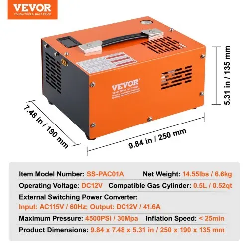 VEVOR PCP Kompressor 30Mpa/4500 PSI Luftkompressor 0,5L Tragbarer PCP DC12V & AC115V Kompressor 25min Einschaltdauer Luftpump Hochleistungskonverter Hochdruckpumpe Airgun Gewehr – Bild 6