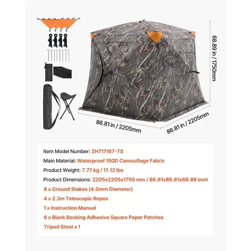 VEVOR Jagdversteck 270° durchsichtiges Bodenversteck, 4–5 Personen Pop-Up-Hirschversteck für die Jagd mit Tragetasche, tragbares, belastbares Jagdzelt Durchsichtnetz für Hirsch Tarnfarbe – Bild 6