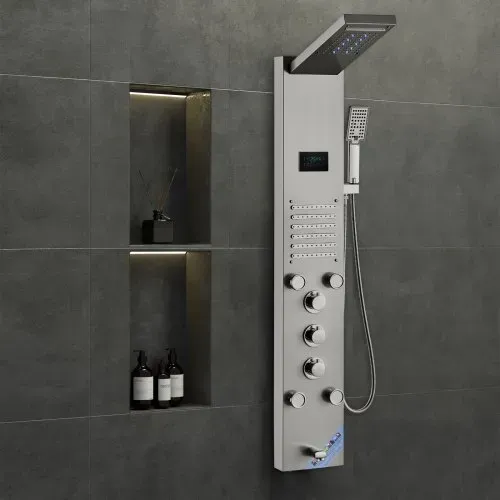 VEVOR Duschpaneelsystem, 6 Duschmodi, LED- und Bildschirm-Wasserkraft-Duschpaneelturm, Regenfall, Wasserfall, 5 Massagedüsen, Wannenauslauf, Handbrause, wandmontiertes Duschset aus Edelstahl – Bild 7