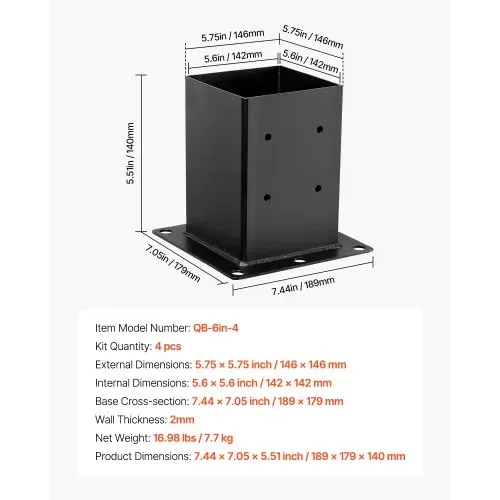 VEVOR Aufschraubhülse, 4 Stück, Pfostenträger Innenmaß 142x142 mm für 139,7x139,7mm Pfosten, Bodenhülse aus Karbonstahl, Ideal für Pavillon-Terrassengeländer-Stützdeck-Grundplatte, schwarz – Bild 6