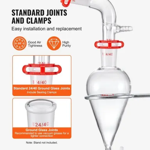 VEVOR Labor-Destillationsset, 3,3-Boro-Laborglas-Destillationsset mit 24- und 40-Verbindungen, 1000-ml-Destillationsgeräte-Set für Ätherische Öle, 29-teiliges Set mit Glaswaren – Bild 3