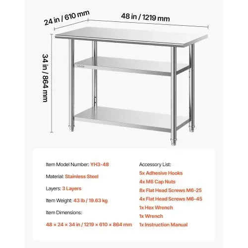 VEVOR Gastronomie Arbeitstisch 1219 x 610 x 864 mm, Edelstahltisch mit 3 Ebenen & Höhenverstellbaren Ablagen Belastbarkeit Top 245 kg & 2 Unterablagen je 204 kg Vorbereitungstisch für Restaurant – Bild 6
