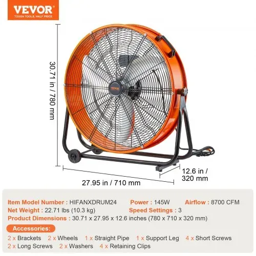 VEVOR Trommelventilator, 24 Zoll Bodenventilator, Industrieventilator mit 3 Gänge, 8600 CFM, 360° verstellbarer, Windmaschine, Hallenlüfter Trommelgebläse für Lager, Werkstatt, Fabrik, Keller – Bild 6