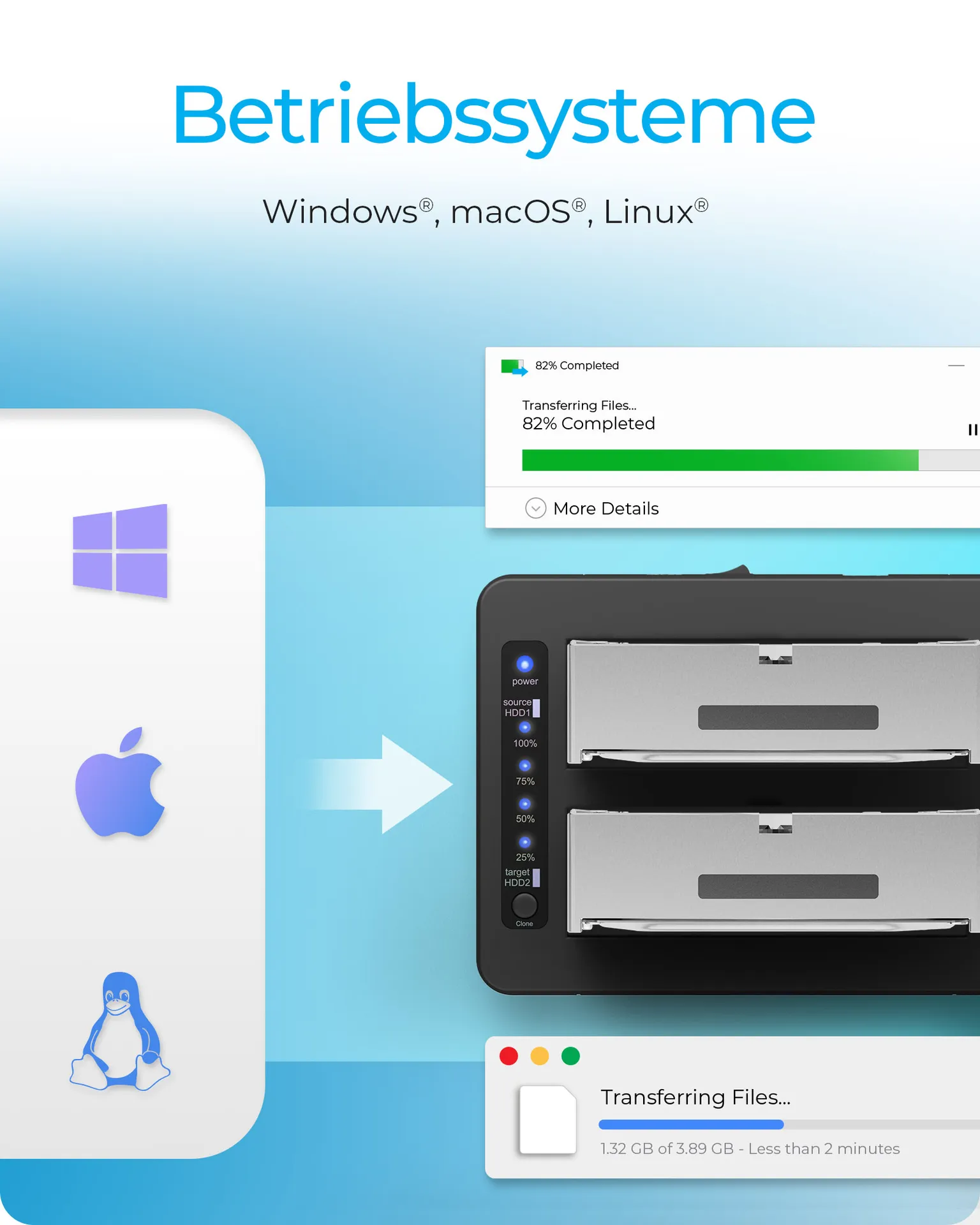 ICY BOX IB-1233CL-CR, HDD Docking & Klonstation mit Kartenlesern CF + SD und USB Hub, USB 3.2 Gen1 (5 Gbit/s) – Bild 7