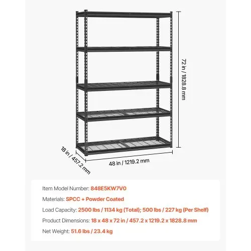 VEVOR Lagerregale, 1134 kg, 5-stufiges Schwerlastregal für die Garage, 457,2 x 1219,2 x 1828,8 mm, verstellbares Garagenregal für Industrieregale, Kellerregal, für Küche, Lager, Keller, schwarz – Bild 6
