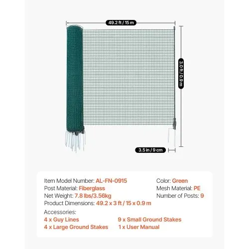 VEVOR Begrenzungszaun 15x0,9 m, Weidezaun aus PE, Mobiler Hundezaun mit Doppelspitzenpfählen & Abspannseilen, Hühnerzaun, Gartenzaun, Campingzaun für Hunde, Hühner, Pflanzen, Außenbereiche – Bild 6