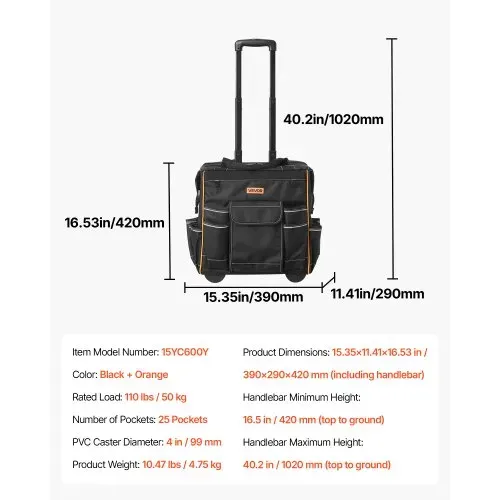 VEVOR Werkzeugtasche mit Rollen, 50 kg Tragkraft, 25 Taschen, Arbeitsrucksack, verstellbarer Teleskopgriff & stabiler Standfuß, Werkzeugtaschen-Organizer für Bau, Mechanik, 390x290x420 mm – Bild 6