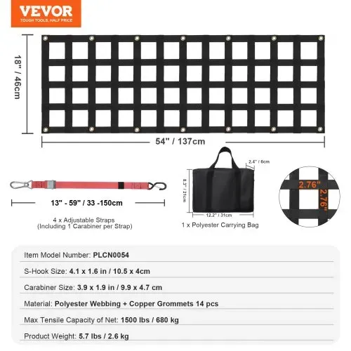 VEVOR Heckklappennetz, 1370 x 460 mm, LKW-Ladeflächennetz bis zu 680 kg, mit 4 verstellbaren Teleskopgurten, ausziehbar & langlebig, Gepäcknetz geeignet für Pickup, Anhänger, LKW, Jeep, SUV – Bild 6