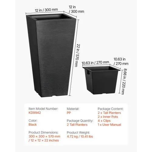 VEVOR Blumentopf, 2er Set, Großer Pflanzentopf 570 mm, Modernes Design, Integriertes effizientes Drainagesystem, Pflanzenkübel, Blumenkübel, Topf für Veranda, Patio, Außen, Innen, Schwarz – Bild 6