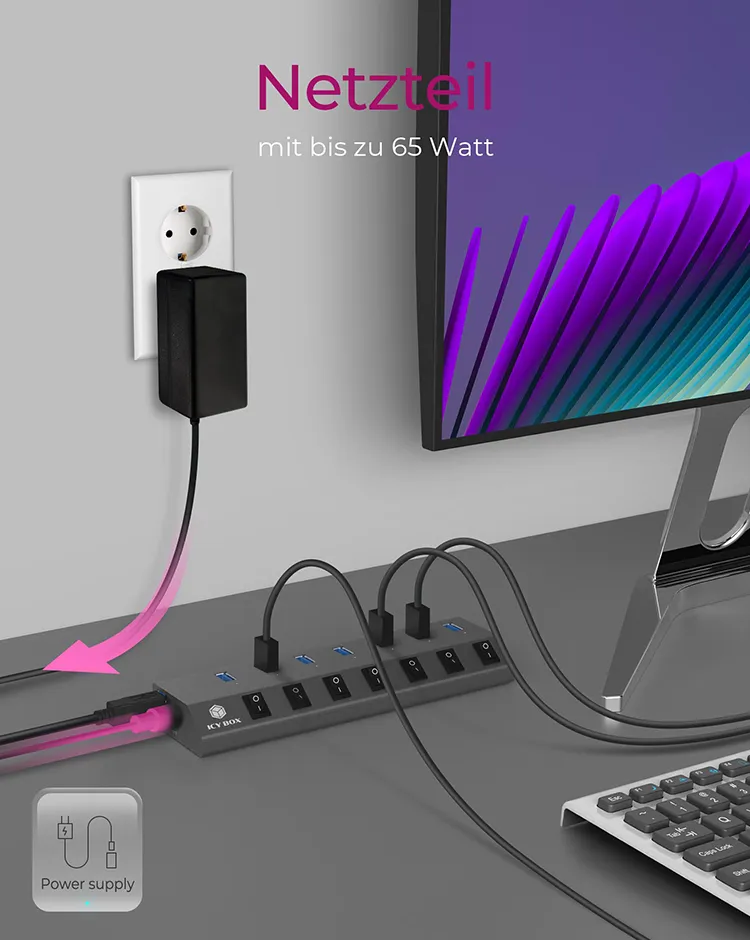 ICY BOX IB-HUB1701-C3, 7 Port USB 3.2 Gen 1 Type-A Hub, Aluminium Gehäuse, mit 7x USB Type-A, Type-A + Type-C Host, An-/Ausschalter für jeden Port – Bild 7