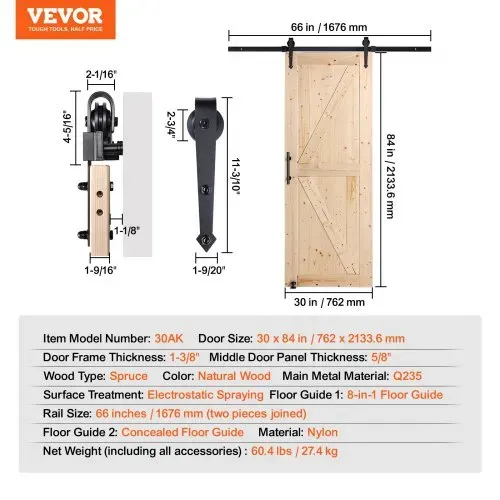 VEVOR Scheunentor und Hardware-Set Schiebetürsystem, 762 x 2133,6 mm Holz-Schiebetor, sanft und leise, Scheunentor-Set mit 8-in-1-Bodenführung und Türgriff, Fichtenholz-Platte – Bild 6