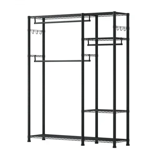 VEVOR Kleiderständer Garderobenständer (verstellbar) mit 3 Kleiderstangen & 363 kg Tragkraft & 6 Regalen & 8 Haken, offener Kleiderschrank für Schlafzimmer Bekleidungsgeschäft Garderobe Flur – Bild 8