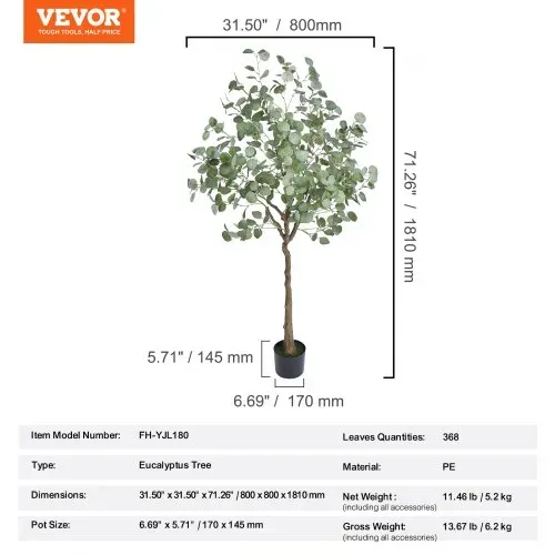 VEVOR Eukalyptus Künstlich 80x80x181cm Kunstpflanze PE Künstliche Pflanzen Fake Plastikpflanzen im Topf Kunstblume Geruchslos wasserdicht zur Dekoration von Schlafzimmer Arbeitszimmer Wohnzimmer – Bild 6