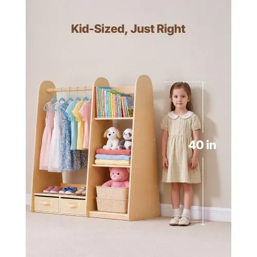 VEVOR Kinderkleiderschrank 98,5x40x106 cm, Kindergarderobe mit Spiegel Kleiderstange Ablagen, Verkleidungsschrank mit 2 Stoffschubladen für Mädchen, Kinderschrank für Kostüme Schlafzimmer, Naturholz – Bild 3