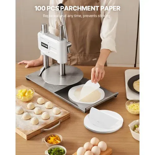 VEVOR manuelle Pizzateigpresse 241,3 mm Gebäck-Pressplatte, Brotpresse aus Edelstahl, kommerzieller Chapati Presse, 5 mm Dicke Formmaschine mit Griff & 100 Stk. Pergamentpapier, Pizza-Teigrolle – Bild 4