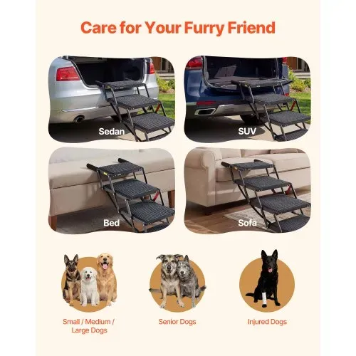 VEVOR Hundetreppe Auto Klappbar 4-Stufig, Extra Breite Hunderampe für Große Hunde mit Weichem Filzteppich, Tragbare Einstiegshilfe für Auto, SUV, LKW, Hochbett, Sofa, Tragkraft bis 90 kg – Bild 5