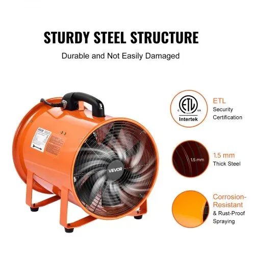 VEVOR Bauventilator 365-W-AC-Motor Baugebläse 2810 U/min Baulüfter Gebläse 1214 L/s (2574 CFM) Axiallüfter 10 m Schlauch Axialgebläse 79 dB Geräuschpegel Industrielüfter IP44 – Bild 2