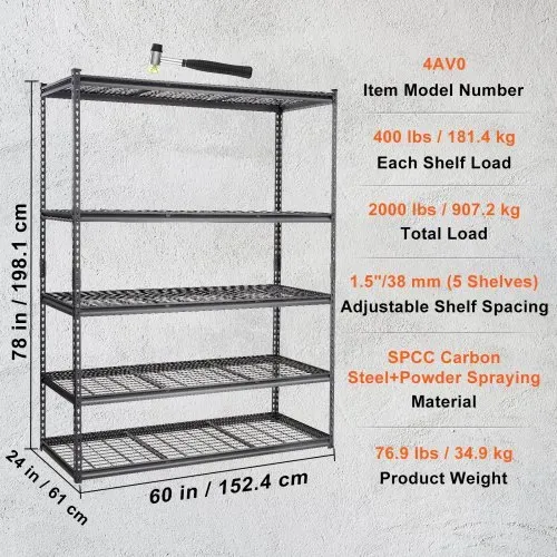 VEVOR Lagerregal 5-stufig verstellbar 907,2 kg Kapazität Garagenregale, Metall-Organizer Drahtregal schwarz 152,4 x 61 x 198,1 cm für Küche, Speisekammer Keller Badezimmer Wäscheschrank – Bild 6