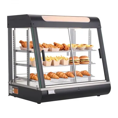 VEVOR 3-stöckige Wärmetheke 100 L, Warmhaltevitrine 1200 W, Warmhaltetheke 30–85 °C, Speisenwärmer mit LED-Beleuchtung & Verstellbaren Ablagen, Speisevitrine für Hamburger Pizza Brot Brathähnchen – Bild 9