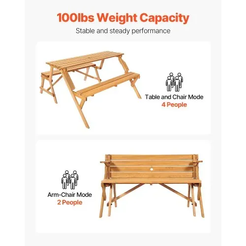 VEVOR 2 in 1 umwandelbarer & austauschbarer Picknicktisch, Outdoor-Tisch- und Bank-Set aus Holz, tragbare, faltbare Bank mit Loch für Schirm, Essmöbel für Garten, Hinterhof, Veranda (braun) – Bild 2