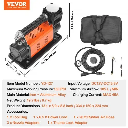 VEVOR Tragbarer 12-V-Reifenfüller, 7,06 CFM Hochleistungs-Luftkompressor, 150 PSI Offroad-Luftpumpe mit Adaptern für Auto, SUV, Wohnmobil, LKW – Inklusive 6,5 Fuß Netzkabel, 26 Fuß Luftschlauch mit Druckmesser, Tragetasche – Bild 6