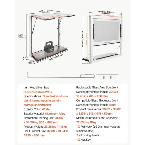 VEVOR Verkaufsfenster für Foodtrucks 915 x 915 x 80 mm Aluminiumlegierung, Konzessionsfenster für Imbisswagen, bis 85° Aufklappbar, mit Verkaufsklappe, Servierablage & Schlepphaken, Regenschutz – Bild 6