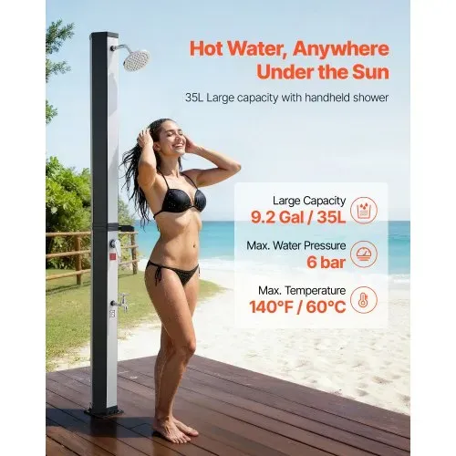 VEVOR Solardusche 35 L, Gartendusche 2160 mm, Außendusche mit Fußarmatur & Seifenablage, Warm- & Kaltwasserregulierung, max. 60°C, Campingdusche für Garten, Poolbereich, Strandpool, Schwarz/Silber VEVOR Solardusche 35 L, Gartendusche 2160 mm, Außendusche mit Fußarmatur & Seifenablage, Warm- & Kaltwasserregulierung, max. 60°C, Campingdusche für Garten, Poolbereich, Strandpool, Schwarz/Silber
