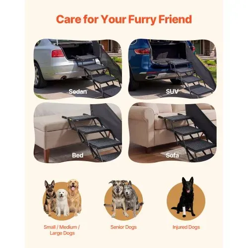VEVOR Hundetreppe Auto Klappbar 4-Stufig, Extra Breite Hunderampe für Große Hunde mit Rutschfester Oberfläche, Einstiegshilfe für Auto, SUV, LKW, Hochbett, Sofa, Klapptreppe Tragkraft bis 180 kg – Bild 5