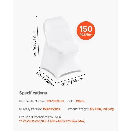 VEVOR Stuhlhussen Stuhlbezug Stretch 150 Stk. waschbarer & abnehmbarer Stuhlüberzug aus Polyester-Spandex für Hochzeitsfeiern Esszimmerbankette, passend für Klappstühle (45 x 46 x 77 cm) Weiß – Bild 6