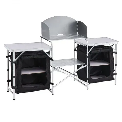 VEVOR Klappbare Campingküche, Campingschrank mit 2 MDF-Beistelltischen, Abnehmbarem Windschutz für den Kocher, 2 Stauräumen & X-förmigen Beinen, Camping-Küchenstation für Picknick, Grillen & Reisen – Bild 9