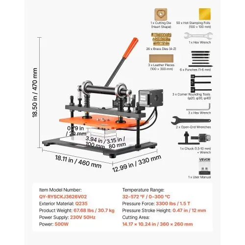 VEVOR Beheizte Lederschneidemaschine 360x260 mm Lederdruckmaschine 500 W, für Lederprägen & Stanzen, 1,5 Tonnen Druck, 12 mm Hub, Zwei Führungswellen, 26 Kupferbuchstabenstempel & 50 Heißprägefolien – Bild 6