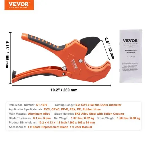 VEVOR PVC-Rohrschneider, 0-2-1/2 Zoll Außendurchmesser, Ratschen-PVC-Rohrschneider, robustes Rohrschneidewerkzeug mit SK5-Ersatzklinge für PVC-, CPVC-, PP-R-, PEX-, PE- und Gummischläuche – Bild 6