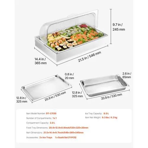 VEVOR Servierbehälter Buffet-Behälter Gastronormbehälter aus Edelstahl (1 Behälter), Präsentationsständer mit transparentem Deckel & 3 Eiswürfelschalen für Restaurant Hotel Küche – Bild 6