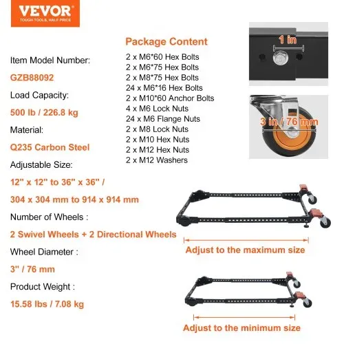 VEVOR Mobile Basis, 500 lbs Tragkraft, Einstellbar von 12" x 12" bis 36" x 36", Robuster Universal-Mobilständer mit Schwenkrädern, für Holzbearbeitungsgeräte, Bandsägen, Elektrowerkzeuge, Maschinen – Bild 6
