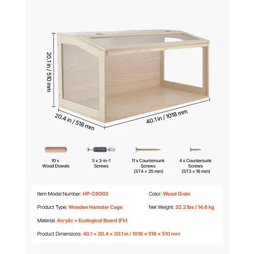 VEVOR Hamsterkäfig Nagerkäfig Nagarium Hamstergehege Holz 1018x518x510mm, 270°-Sichtfenster Nagersicherer mit Deckel Belüftung für Goldhamster Zwerghamster Meerschweinchen Rennmäuse – Bild 6