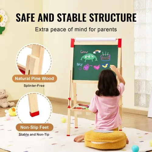 VEVOR Kunststaffelei für Kinder, 3-in-1-Kunststaffelei aus Holz, mit magnetischem Whiteboard, Kreidetafel und Papierrolle, verstellbares stehendes Zeichenbrett mit Malzubehör für Kinder ab 3 Jahren – Bild 5