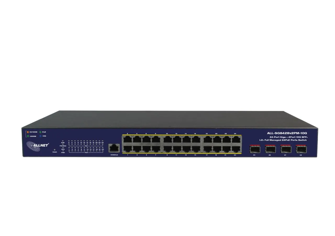 ALLNET Switch smart managed Layer2 28 Port • 24x 1 GbE • PoE Budget 400W • 4x SFP+ • 19″ • Lüfterlos • ALL-SG8428v2FPM-10G ALLNET Switch smart managed Layer2 28 Port • 24x 1 GbE • PoE Budget 400W • 4x SFP+ • 19″ • Lüfterlos • ALL-SG8428v2FPM-10G