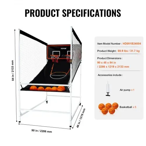 VEVOR Indoor-Basketballspiel für 2 Spieler, Basketballautomat, Baskeltballständer mit 5 Bällen & 8 Spielmodi & 2 Basketballkörben & Anzeigetafel & Aufblaspumpe, für Kinder, Erwachsene (Schwarz) – Bild 6