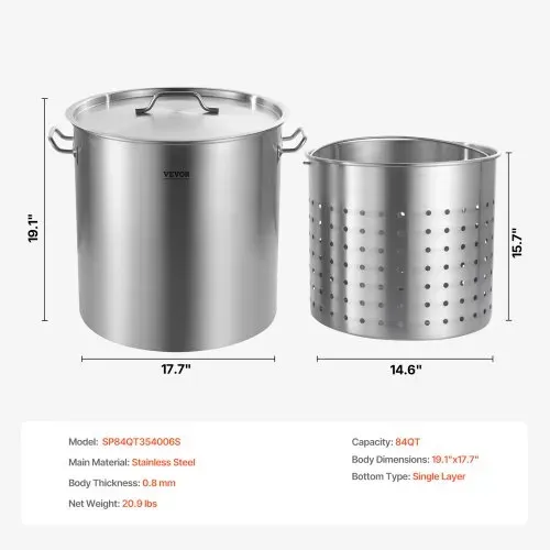 VEVOR Suppentopf Edelstahl, 79,5 L Kochtöpfe Großraumtopf, Kochgeschirr-Saucentopf mit Korb & Deckel & Griff, Suppentopf in Handelsqualität, Schleifbehandlung, zum Dämpfen Kochen oder Braten – Bild 6
