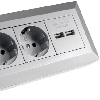 2-fach Steckdosenblock + 2x USB, silber 250V~/ 16A, Aufbaumontage, USB 3,1A 2-fach Steckdosenblock + 2x USB, silber 250V~/ 16A, Aufbaumontage, USB 3,1A