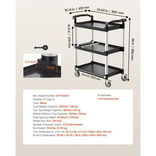 VEVOR Universalwagen, 136 kg, 3-stufiger Universalwagen aus Kunststoff mit 360° Schwenkrädern (2 mit Bremse), 880x410x990 mm großer Servierwagen für Lager, Büro, Zuhause, Restaurant, Küche – Bild 6