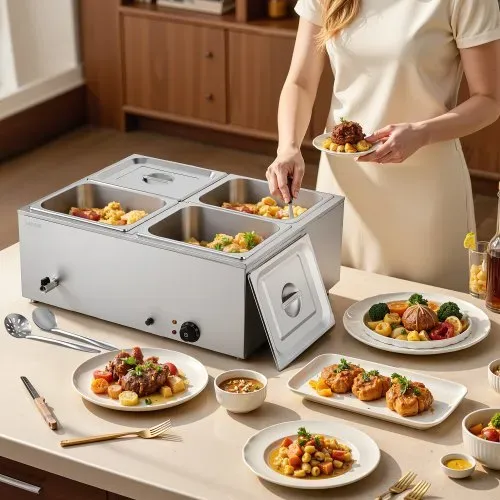 VEVOR kommerzieller Speisenwärmer (4 x 1/2 Größe Behälter), 1,5 kW elektrischer Wärmebehälter aus Edelstahl mit Abdeckung & Suppenkelle, Chafing Dishes für Catering Restaurant Party – Bild 7