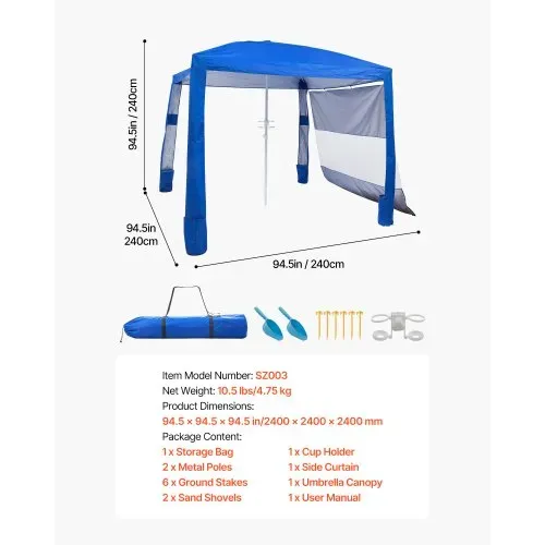 VEVOR Strand-Cabana, 2,4 x 2,4 m Strandzelt mit Seitenwand, UPF 50+ Sonnenschutz, Strandpavillon mit Sandsäcken, höhenverstellbarer & tragbarer Sonnenschutz für Familie und Freunde, Blau – Bild 6